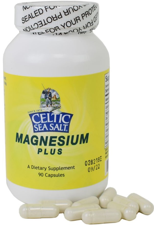 A 90 capsule bottle of Celtic Sea Salt Magnesium Plus
